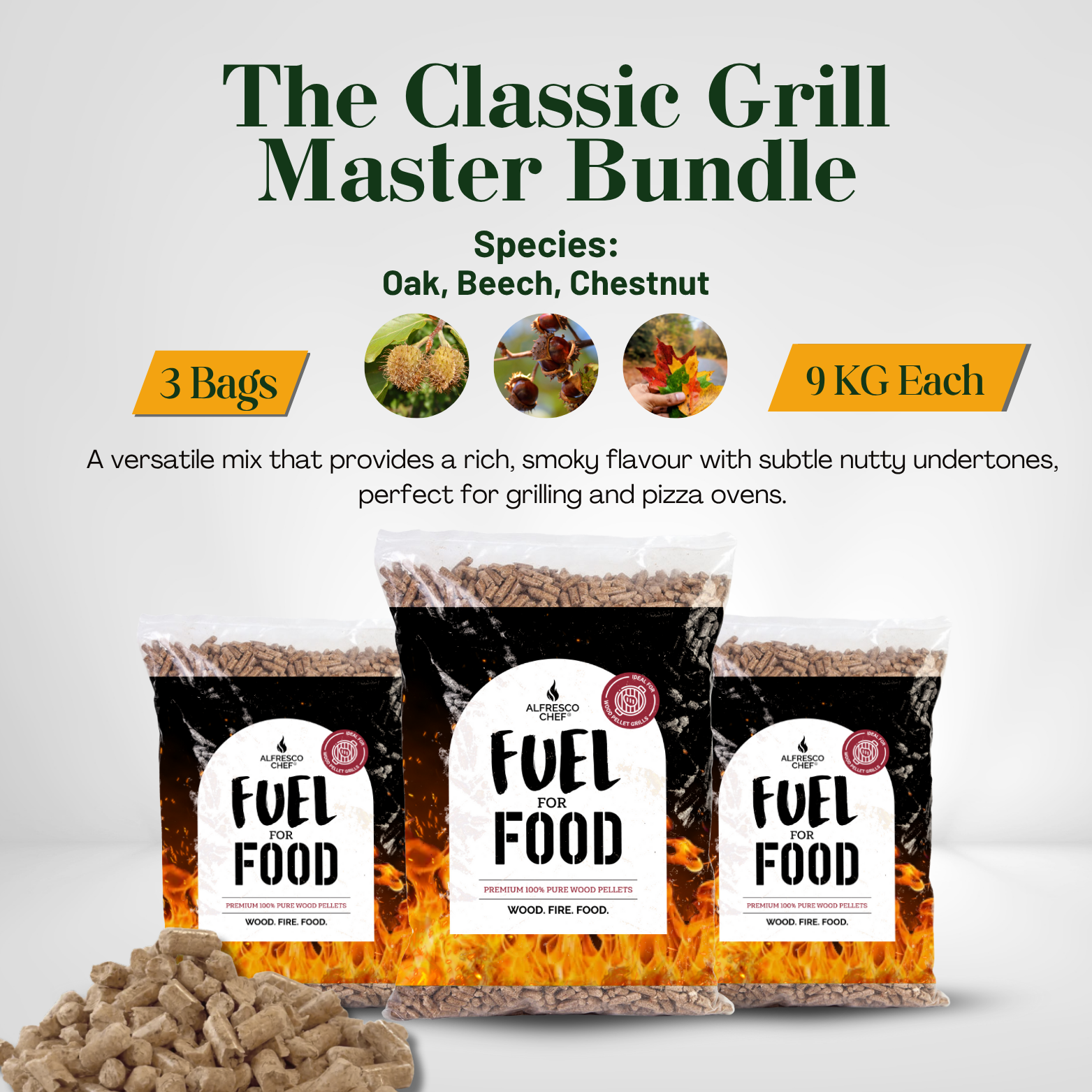 The Classic Grill Master Bundle | Oak, Beech, Chestnut – Premium Hardwood Pellets for Grilling & Pizza Ovens
