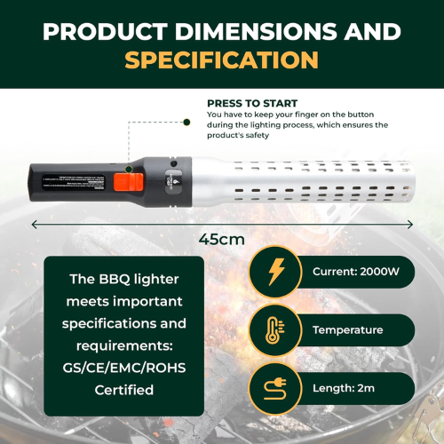 ALFRESCO CHEF PowerFlame 2000W Electric BBQ Charcoal Starter – Rapid Fire Igniter for Grills, Smokers & Firepits – Fast Heating, Safe Electric Lighter with Built-In Blower – No Gas or Lighter Fluid