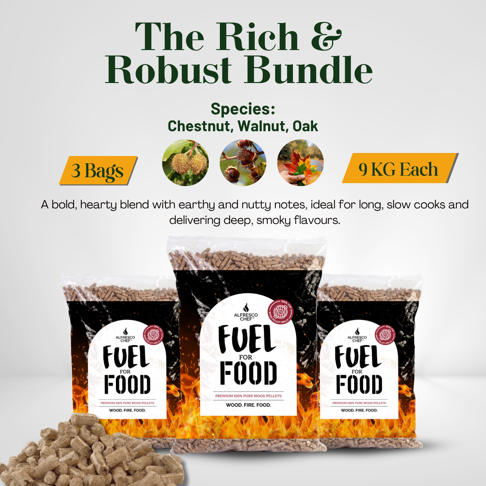The Rich & Robust Bundle | Chestnut, Walnut, Oak – Premium Hardwood Pellets for Bold BBQ & Grilling