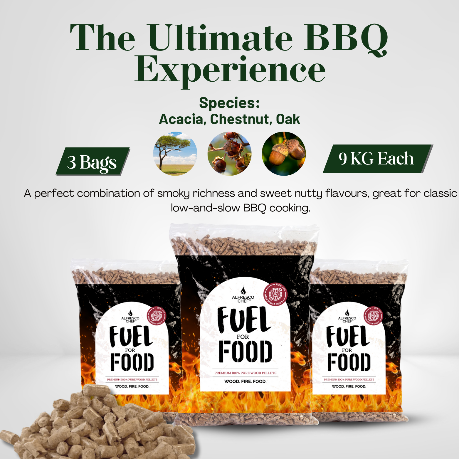 The Ultimate BBQ Experience | Acacia, Chestnut, Oak – Premium Hardwood Pellets for BBQ & Grilling Enthusiasts