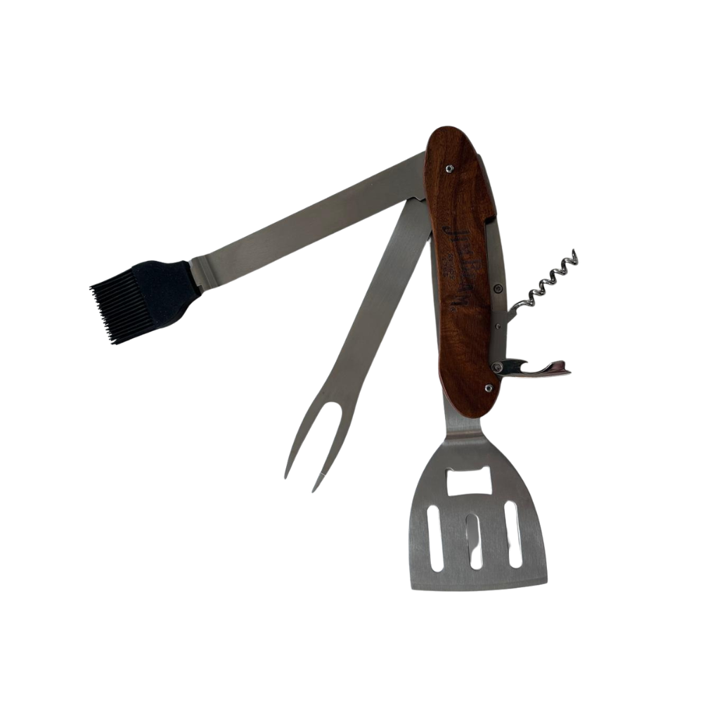 4-in-1 BBQ Multi-Tool – Stainless Steel Grilling Spatula, Fork, Bottle Opener & Corkscrew – Acacia Wood Handle