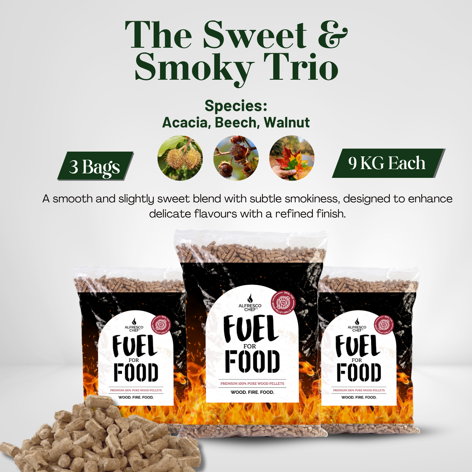 The Sweet & Smoky Trio | Acacia, Beech, Walnut – Premium Hardwood Pellets for Delicate BBQ & Grilling